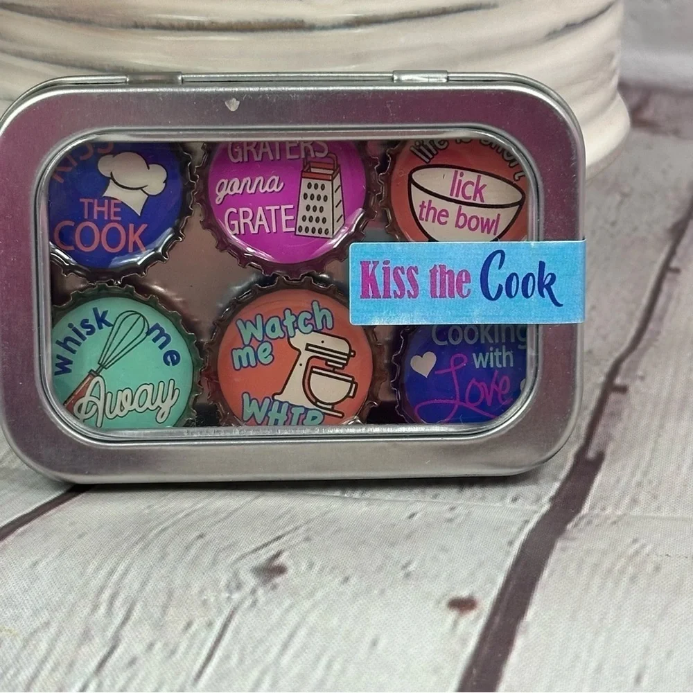 NWT Decorative Tin Set with Colorful Magnets kiss the cook and chocolate sets